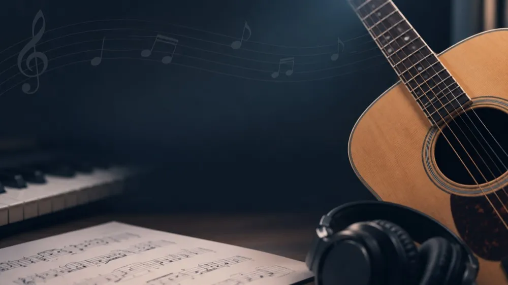 Chitarra, cuffie e spartiti musicali
